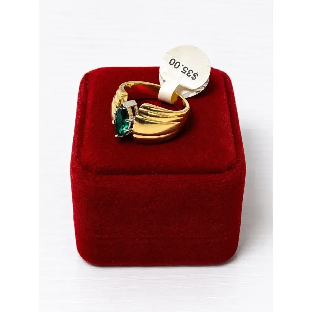 Vintage Karatclad Green Marquise Ring 14KT GE Gold Plate Size 8 New NOS